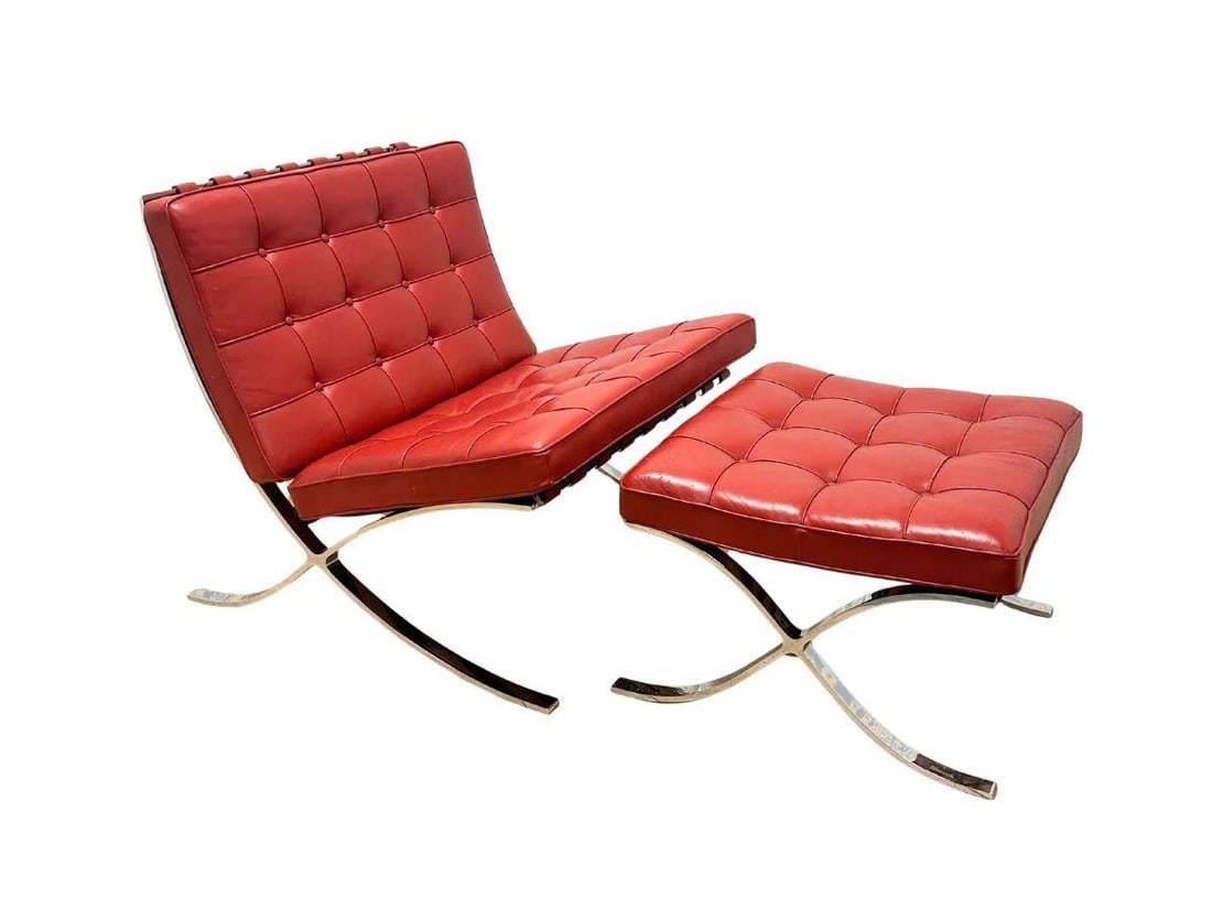 Knoll Barcelona Chair and Ottoman Designed by Ludwig Mies Van Der Rohe: Chair: 30.25 in. w x 30.25 in. d x 29 in. h, Seat height: 17.5 in. , Ottoman: 23 in. w x 23 in. d x 15 in. h. Chair has some wear in leather, see photos.