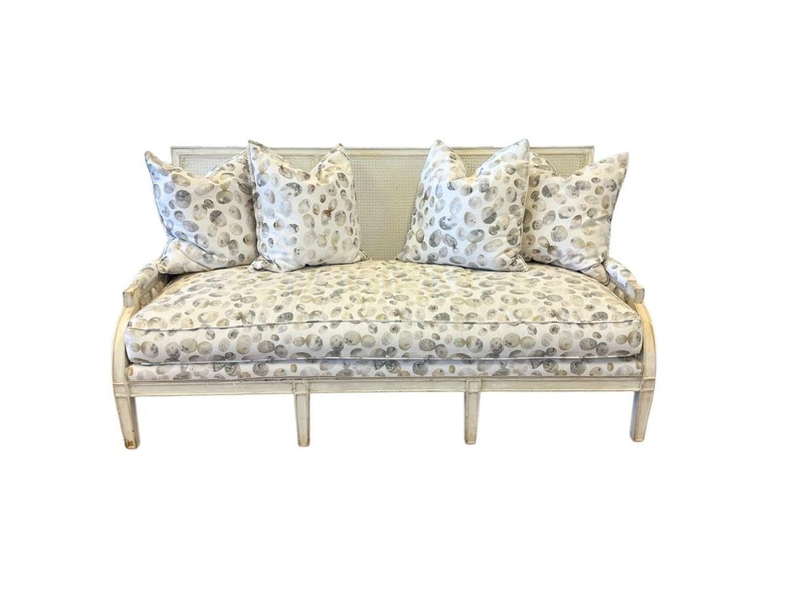 Custom Upholstered Cane Back Sofa, 1 of 2: 72 in. w x 32 in. d x 37 in. h, Seat height: 17 in., Arm height: 21 in. Has some noticeable wear in frame and light tearing in upholstery, see photos.