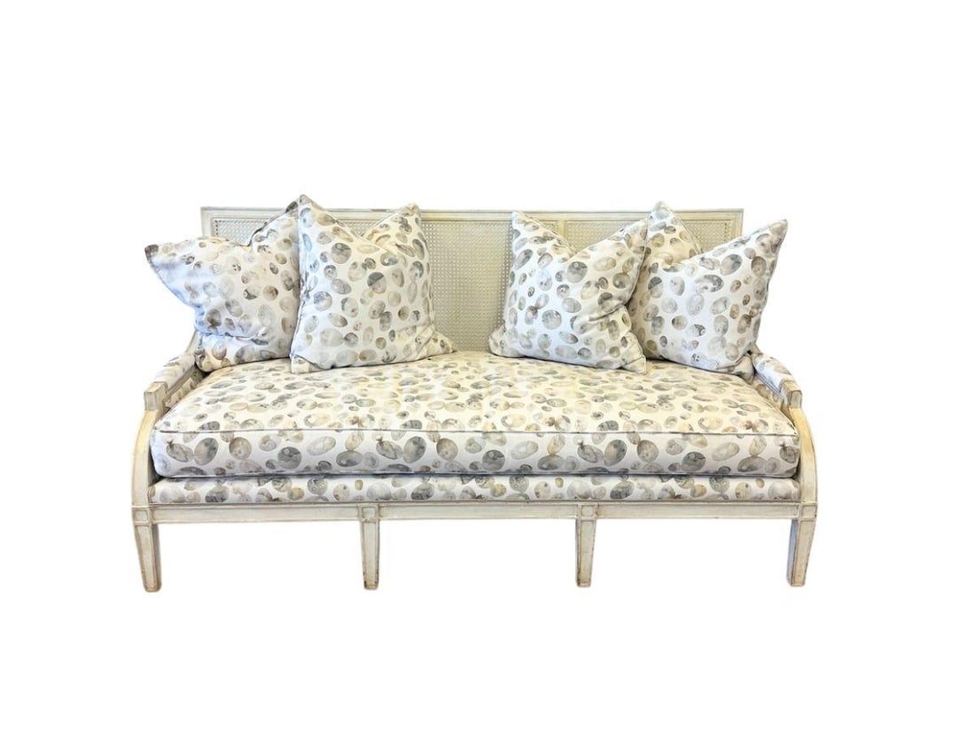 Custom Upholstered Cane Back Sofa, 2 of 2: 72 in. w x 32 in. d x 37 in. h, Seat height: 17 in., Arm height: 21 in. Has some noticeable wear in frame and light tearing in upholstery, see photos.