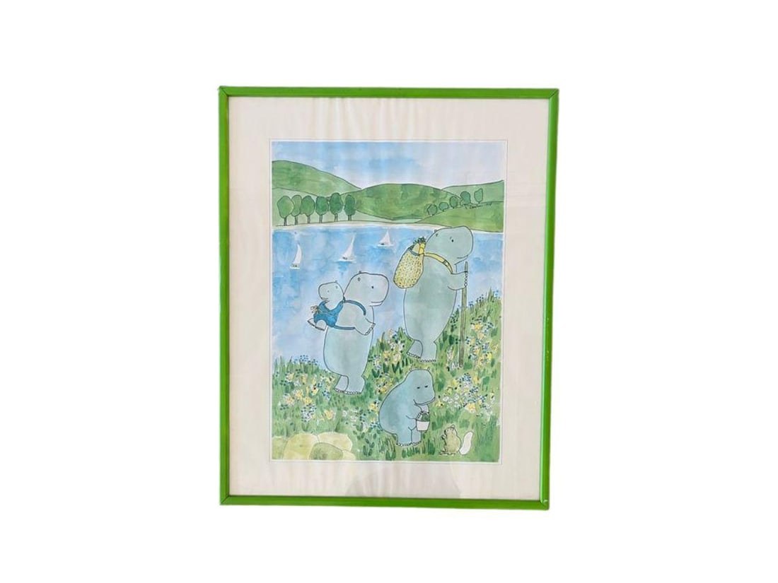 Susan Gantner, Hiking Hippos, Framed Lithograph: 18.75 in. x 23.5 in.