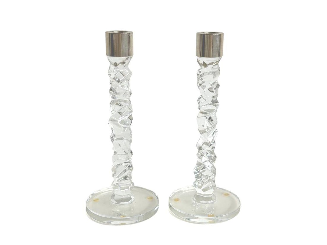 Orrefors Carat Crystal Candle Holders, Pair: 4 in. diameter x 9.5 in. h