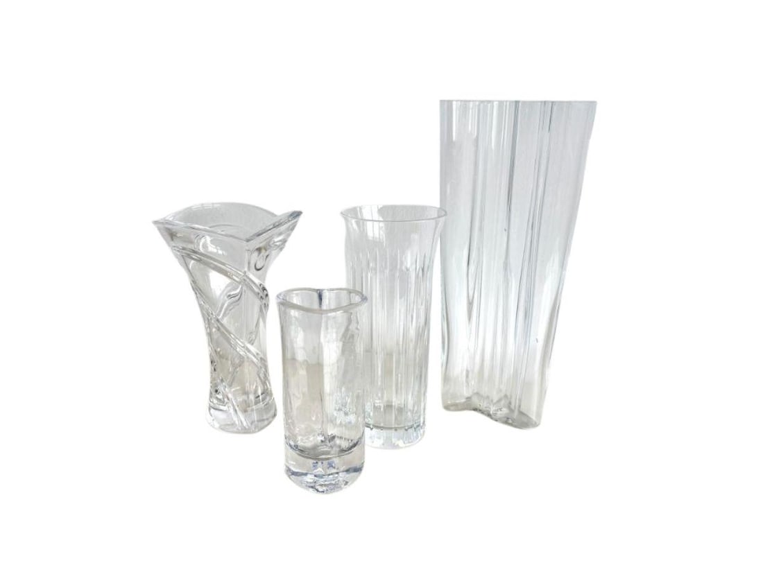 Collection of Crystal Vases: Simon Pearce Crystal Heart Bud Vase: 2.5 in. w x 2 in. d x 5.5 in. h, Baccarat Floral Bud Vase: 3 in. diameter x 7 in. h, Marquis Vase by Waterford: 4.5 in. diameter x 7 in. h, Iittala Alvar Aalto Vas