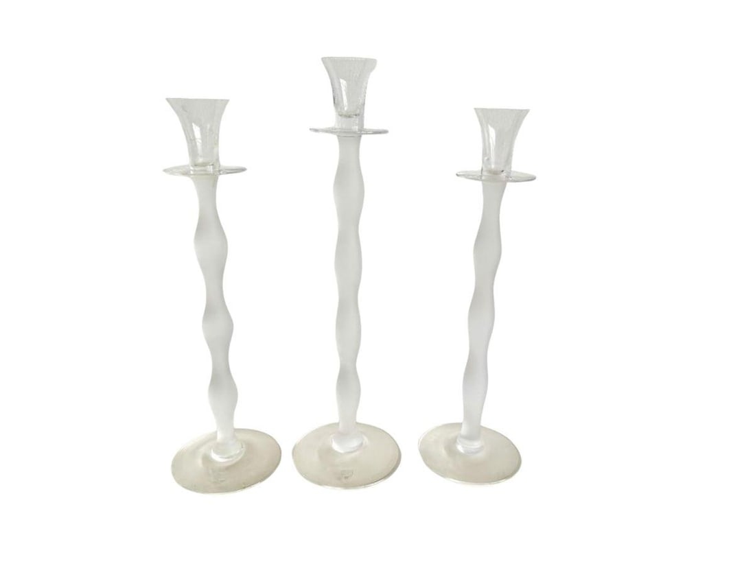 Orrefors Frosted Crystal Celeste Candlesticks, Set of Three: 4.5 in. diameter x 14.75 in. h, 5 in. diameter x 16 in. h