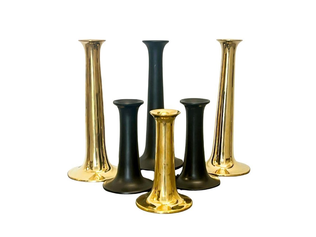 Hawkins NY Candle Holders, Brass and Black: Small 2.75 in. diameter x 3.5 in. h, Large 4 in. diameter x 9 in. h