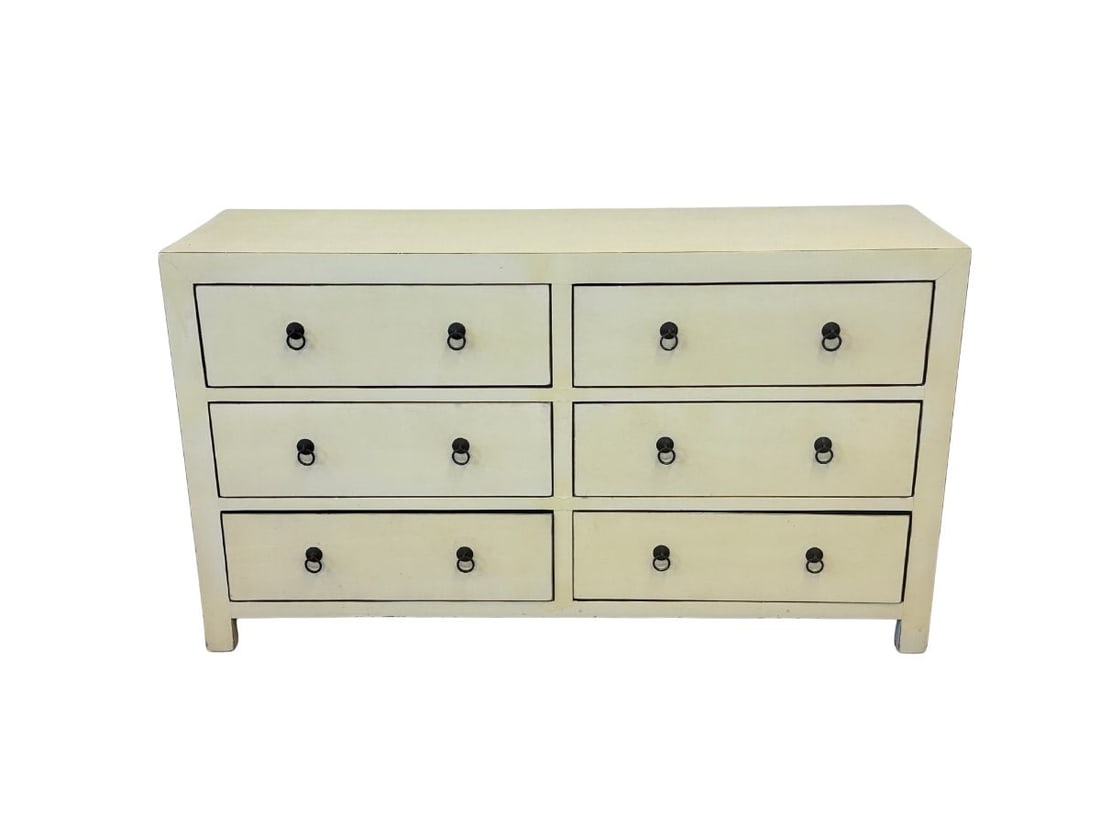 Asian Inspired Painted Six Drawer Dresser: 59 in.w x 18 in.d x 33 in.h, Dresser has light discoloration, see photos. PLEASE READ BEFORE BIDDING: There are two scheduled pickup dates for this auction at our Stamford, CT warehouse: Friday, March