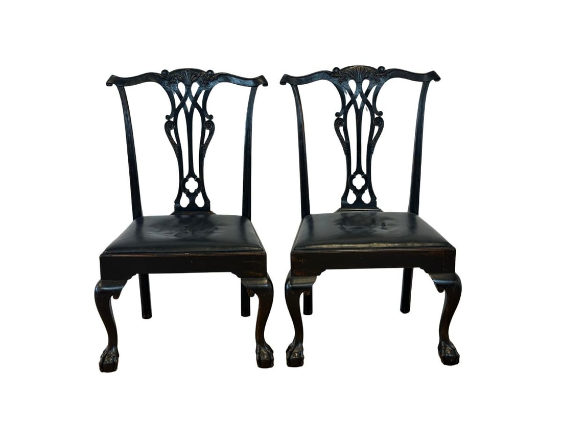 Black Chippendale Side Chairs with Leather Seats, Pair: 25 in.w x 23 in.d x 40 in.h, Seat height: 18 in., Moderate wear, see photos. PLEASE READ BEFORE BIDDING: There are two scheduled pickup dates for this auction at our Stamford, CT warehouse: Friday,
