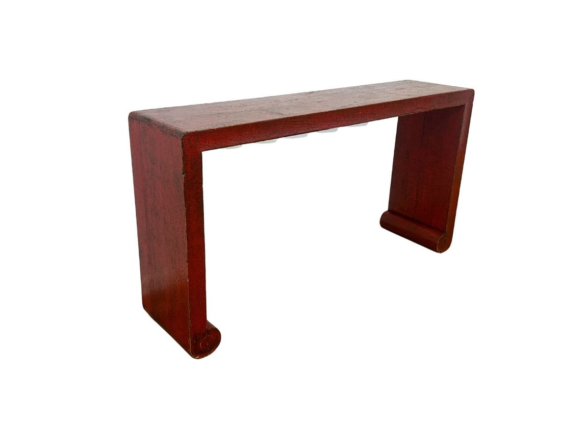 Red Ming Style Console: 63 in.w x 15 in.d x 34 in.h, Has light chipping to the top of the console, see photos. PLEASE READ BEFORE BIDDING: There are two scheduled pickup dates for this auction at our Stamford, CT warehouse:
