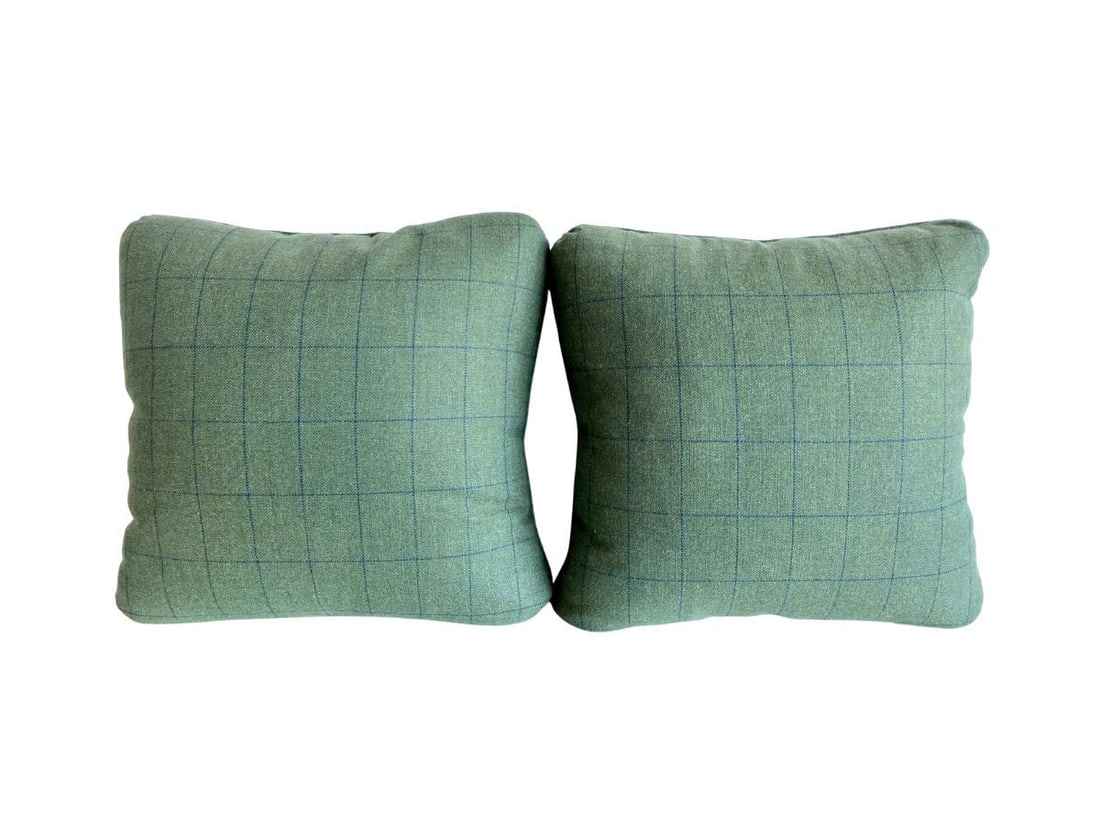 Forest Green Pillows with Blue Plaid Design: 18 in. square with turkish corners. PLEASE READ BEFORE BIDDING: There are two scheduled pickup dates for this auction at our Stamford, CT warehouse: Friday, March 6th from 9:00 AM–12:00 PM and
