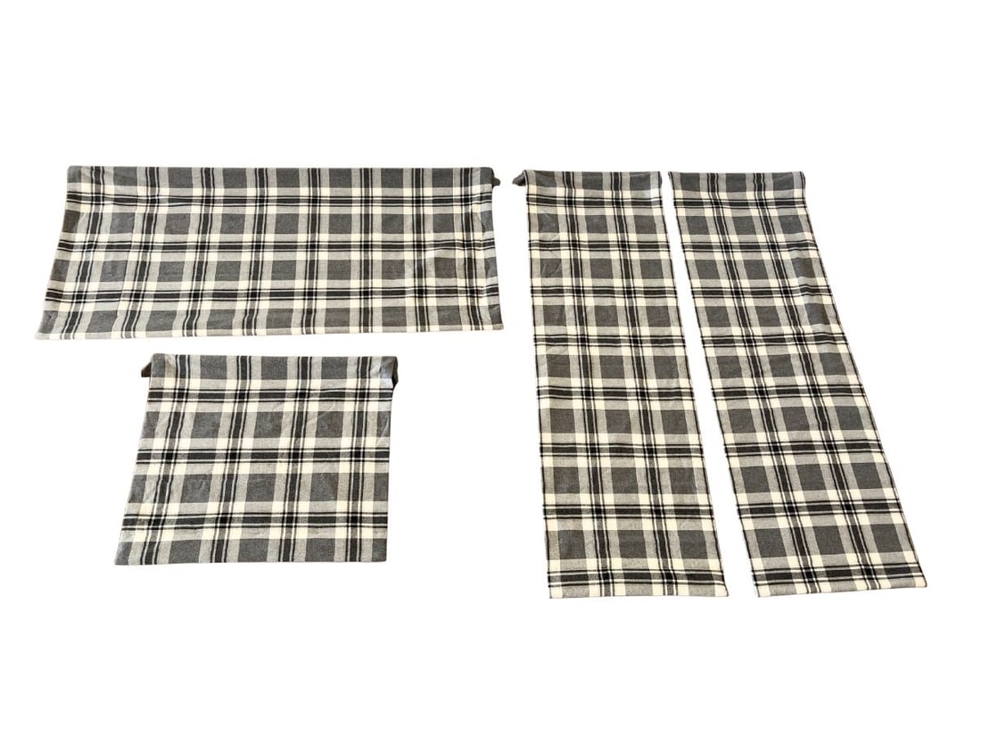 Grey and Ivory Plaid Cashmere Roman Shades, Set of 4: (2): 25.25 in.w x 73 in.h, (1): 36 in.w x 30.75 in.h, (1) 72 in.w x 32.5 in.h. PLEASE READ BEFORE BIDDING: There are two scheduled pickup dates for this auction at our Stamford, CT warehouse: Friday,