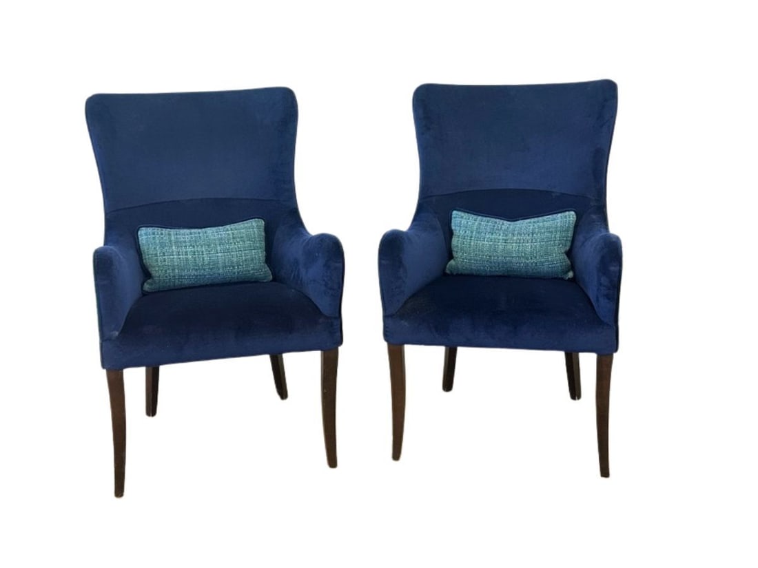 Blue Velvet and Tweed Chairs, Pair: 25 in.w x 28 in.d x 39.5 in.h, Seat height: 18 in., Arm height: 26 in. PLEASE READ BEFORE BIDDING: There are two scheduled pickup dates for this auction at our Stamford, CT warehouse: Friday, March 6t
