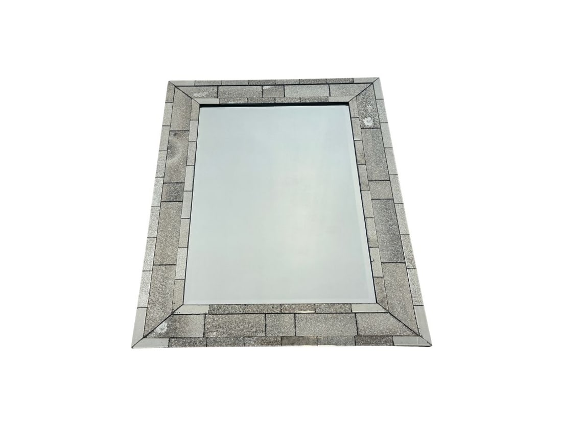 Mecox Gardens Kenneth Antiqued Brick Motif Mirror: 35 in.w x 47.5 in.h x 1.5 in.d. PLEASE READ BEFORE BIDDING: There are two scheduled pickup dates for this auction at our Stamford, CT warehouse: Friday, March 6th from 9:00 AM–12:00 PM and Friday, M