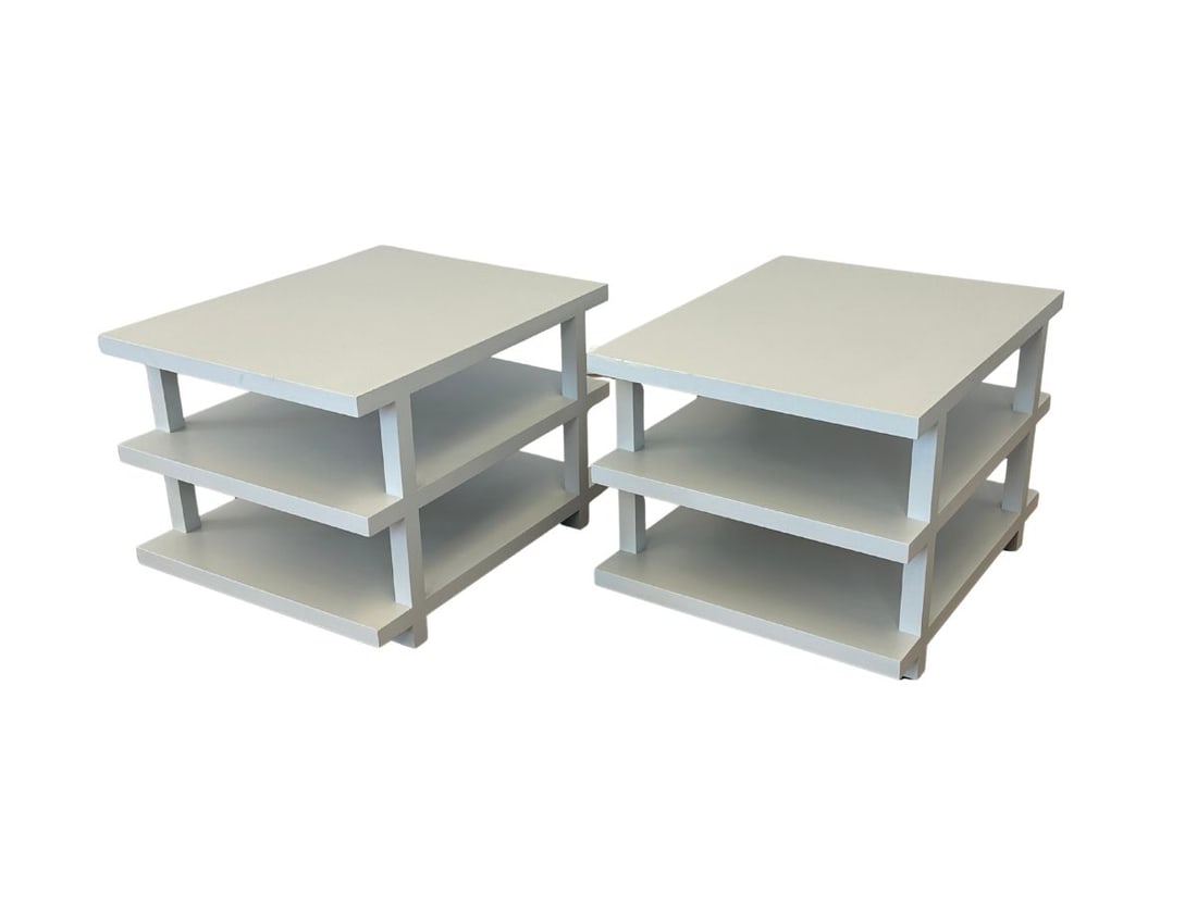 CEH Furniture Three Tier Lacquer Side Tables, Pair: 30 in.w x 24 in.d x 20.5 in.h, Tables have light wear along the edges, see photos. PLEASE READ BEFORE BIDDING: There are two scheduled pickup dates for this auction at our Stamford, CT warehouse: