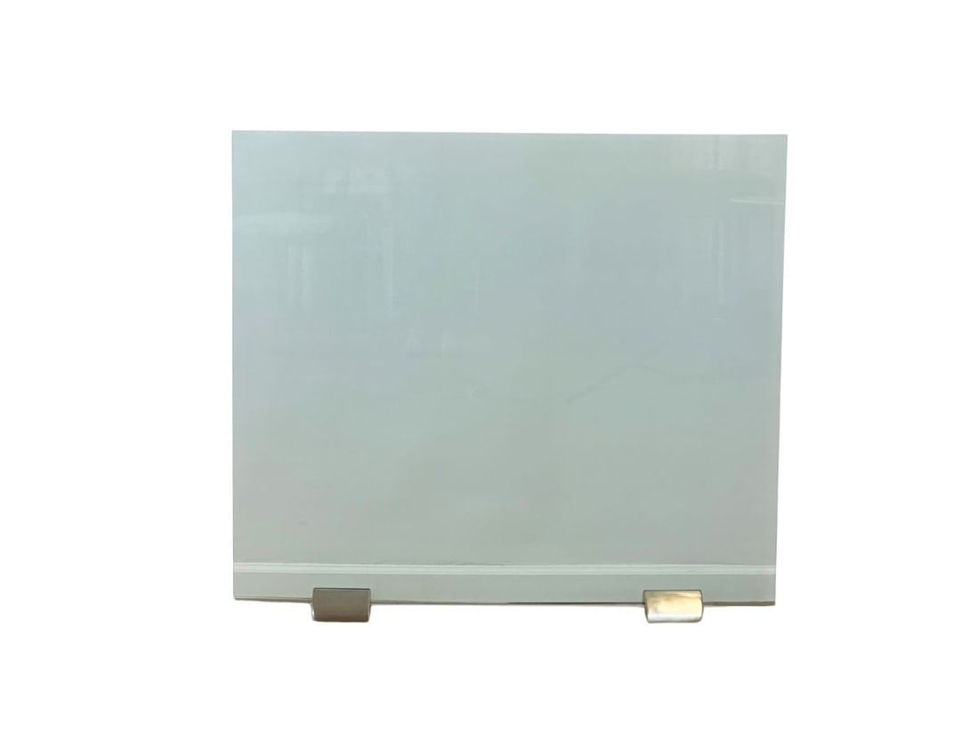 Modern Glass Fireplace Screen with Satin Nickel Base: 47 in.w x 42 in.h x 5 in.d. PLEASE READ BEFORE BIDDING: There are two scheduled pickup dates for this auction at our Stamford, CT warehouse: Friday, March 6th from 9:00 AM–12:00 PM and Friday,
