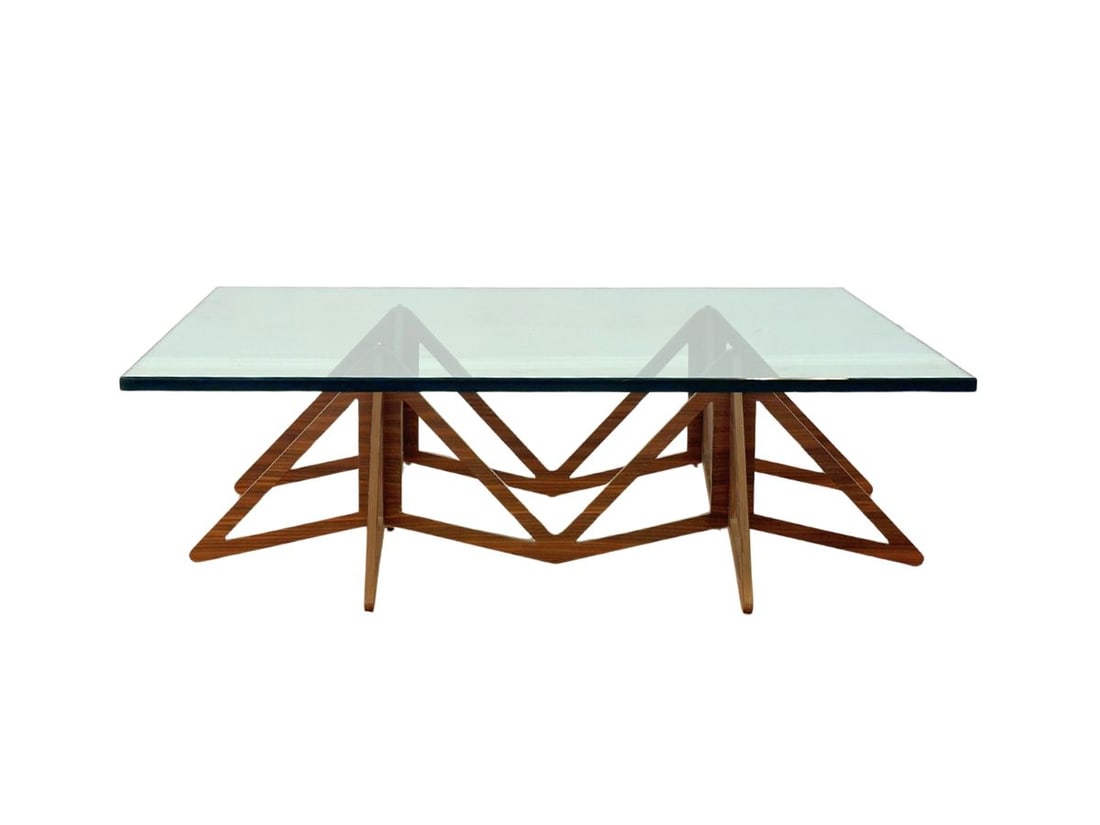 Vintage Walnut Base Cocktail Table with Square Glass Top: 43 in.w x 43 in.d x 12.5 in.h PLEASE READ BEFORE BIDDING: There are two scheduled pickup dates for this auction at our Stamford, CT warehouse: Friday, March 6th from 9:00 AM–12:00 PM and Friday,