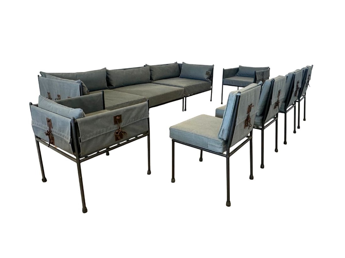 Casamidy Altamura Outdoor Dining Chairs and Sofa: Sofa: 113 in.w x 37 in.d x 29 in.h (3 Pieces), Seat height: 16 in., Arm height: 29 in., Chair: 19 in.w x 19 in.d x 32 in.h , Seat height: 19 in., Good condition, waxed cotton fabric with vinyl backing