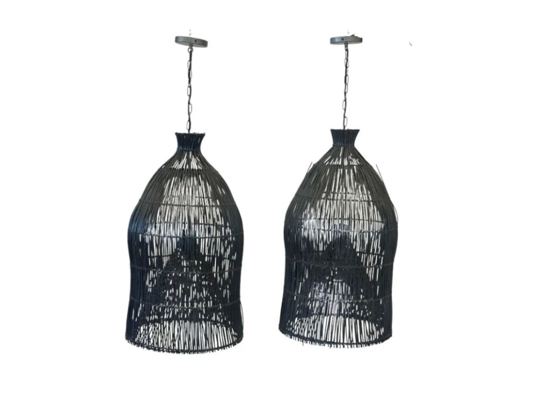 Rattan Pendants, Pair: 17 in. diameter x 21 in.h with 12 in.chain. PLEASE READ BEFORE BIDDING: There are two scheduled pickup dates for this auction at our Stamford, CT warehouse: Friday, March 6th from 9:00 AM–12:00 PM