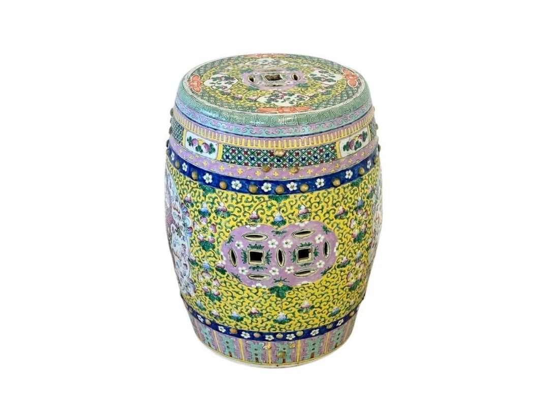 Antique Chinese Famille Rose Garden Stool with Phoenix and Dragon: 13 in. diameter x 18 in.h, Good condition. Stool has light wear, see photos. Has a hand written label underneath. PLEASE READ BEFORE BIDDING: There are two scheduled pickup dates for this auction at