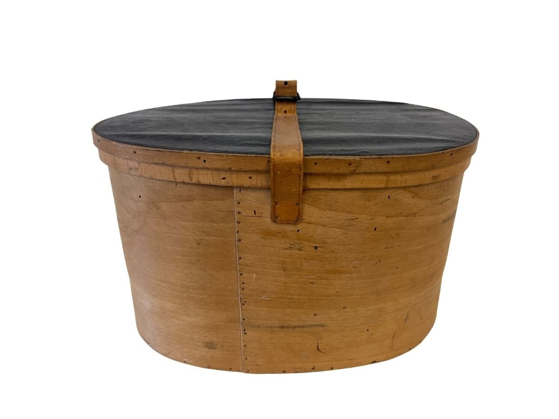 Antique French Hat Box with Leather Strap: 14in.w x 11in.d x 8.25in.h, Very good antique condition, see photos. PLEASE READ BEFORE BIDDING: There are two scheduled pickup dates for this auction at our Stamford, CT warehouse: Friday, March 20th