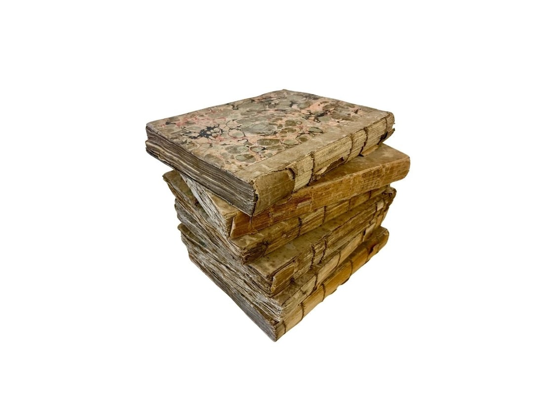 Antique Books, Set of Six: 11.25in.w x 9in.d x 9.25in.h (Individual 1.5in.). PLEASE READ BEFORE BIDDING: There are two scheduled pickup dates for this auction at our Stamford, CT warehouse: Friday, March 20th from 9:00