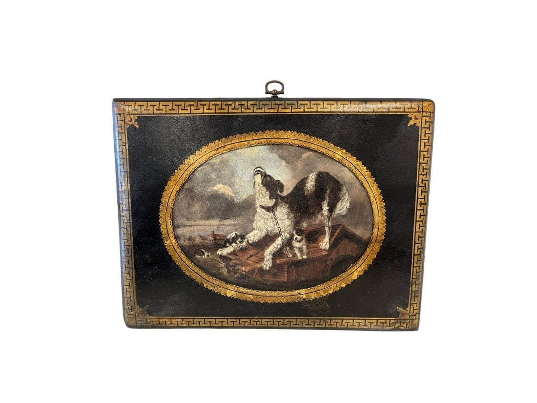 Inundation after Carl Fredrik Kiörboe, Dogs During a Flood, Oil on Board: 12.5in.w x 9.5in.h x .25in.d After an engraving of the painting by Carl Fredrik Kiörboe (Danish, 1799-1876). A mother dog calls for help during a flood. Titled ÖVERSVÄMNING, Inundation or Flood