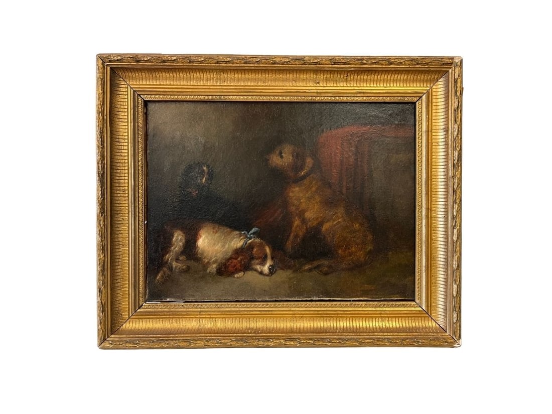 Antique Oil on Canvas, Three Dogs in an Interior, Framed (1 of 10)