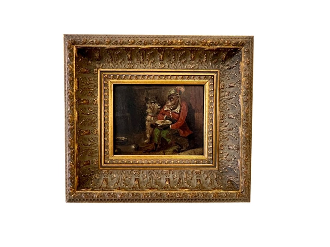 Antique Oil Painting, Monkey and a Dog, Framed: 12in.w x 10.75in.h x 2in.d. PLEASE READ BEFORE BIDDING: There are two scheduled pickup dates for this auction at our Stamford, CT warehouse: Friday, March 20th from 9:00 AM–12:00 PM and Friday,
