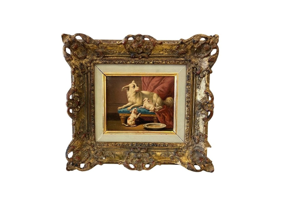 Oil on Board, Dog and Two Puppies on Stool, Framed: 12.25in.w x 11.75in.h x 2.75in.d. PLEASE READ BEFORE BIDDING: There are two scheduled pickup dates for this auction at our Stamford, CT warehouse: Friday, March 20th from 9:00 AM–12:00 PM and