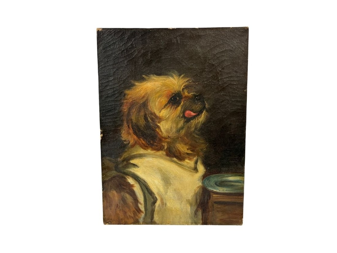 Antique Oil on Canvas, Portrait of Dog Awaiting Dinner: 11in.w x 15in.h x .75in.d. PLEASE READ BEFORE BIDDING: There are two scheduled pickup dates for this auction at our Stamford, CT warehouse: Friday, March 20th from 9:00 AM–12:00 PM and Friday,