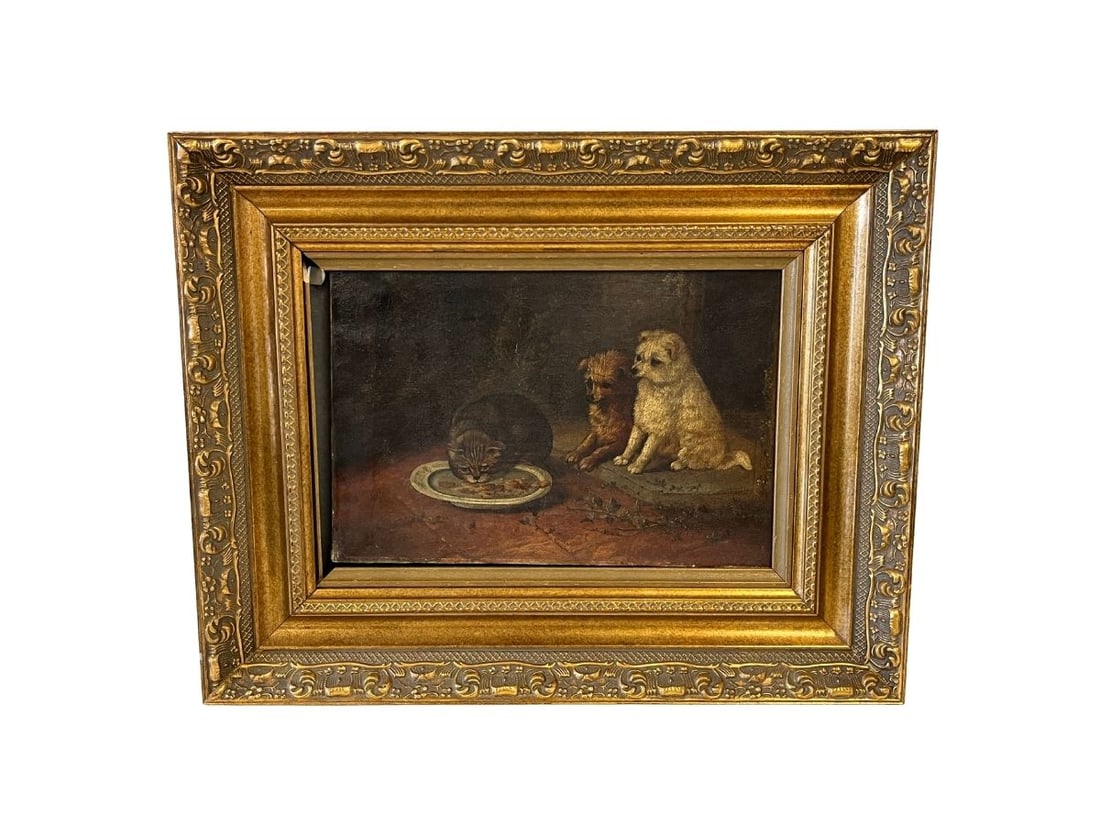 Antique Oil on Canvas, Two Dogs and a Cat, Framed: 19in.x 15in.h x 2.5in.d, Gold inset needs to be reset, please see photos. Small tear in canvas. PLEASE READ BEFORE BIDDING: There are two scheduled pickup dates for this auction at our Stamford, CT