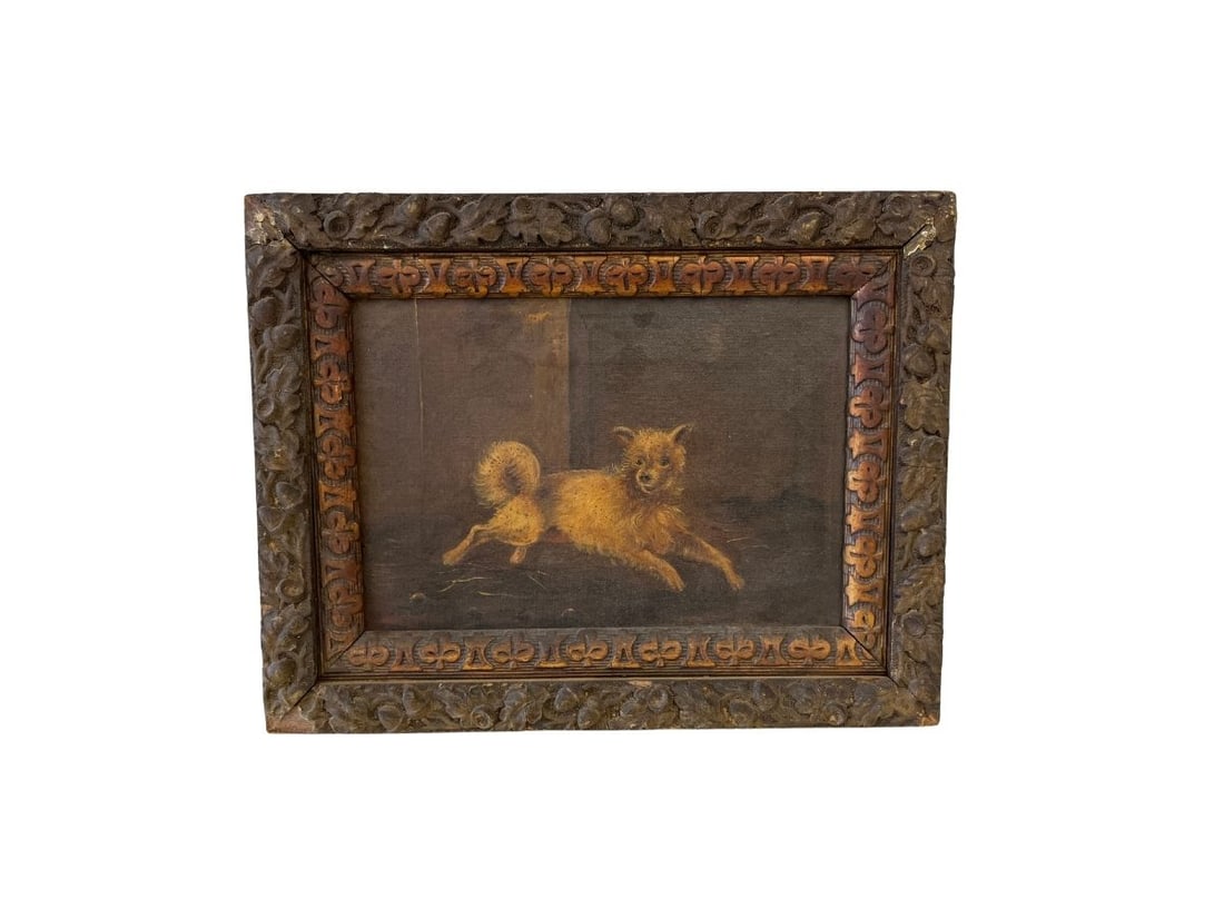 Antique Oil on Canvas, Portrait of Dog in an Interior, Framed: 13in.w x 10.25in. x 1.5in.d. PLEASE READ BEFORE BIDDING: There are two scheduled pickup dates for this auction at our Stamford, CT warehouse: Friday, March 20th from 9:00 AM–12:00 PM and Friday,