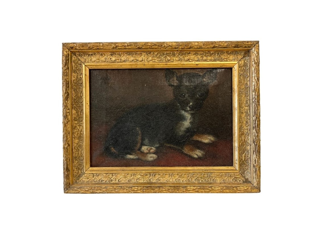 Antique Oil on Canvas, Portrait of a Small Black Dog, Framed: 13in.x 10in.h x 1.5in. d. PLEASE READ BEFORE BIDDING: There are two scheduled pickup dates for this auction at our Stamford, CT warehouse: Friday, March 20th from 9:00 AM–12:00 PM and Friday, March