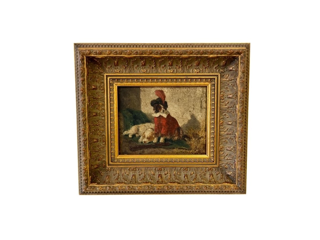 Antique Oil on Board, Two Dogs in a Stable, Signed De Vos, Framed: 13in.w x 11.25in.h x 2in.d. Signed de Vos bottom right. PLEASE READ BEFORE BIDDING: There are two scheduled pickup dates for this auction at our Stamford, CT warehouse: Friday, March 20th from 9:00