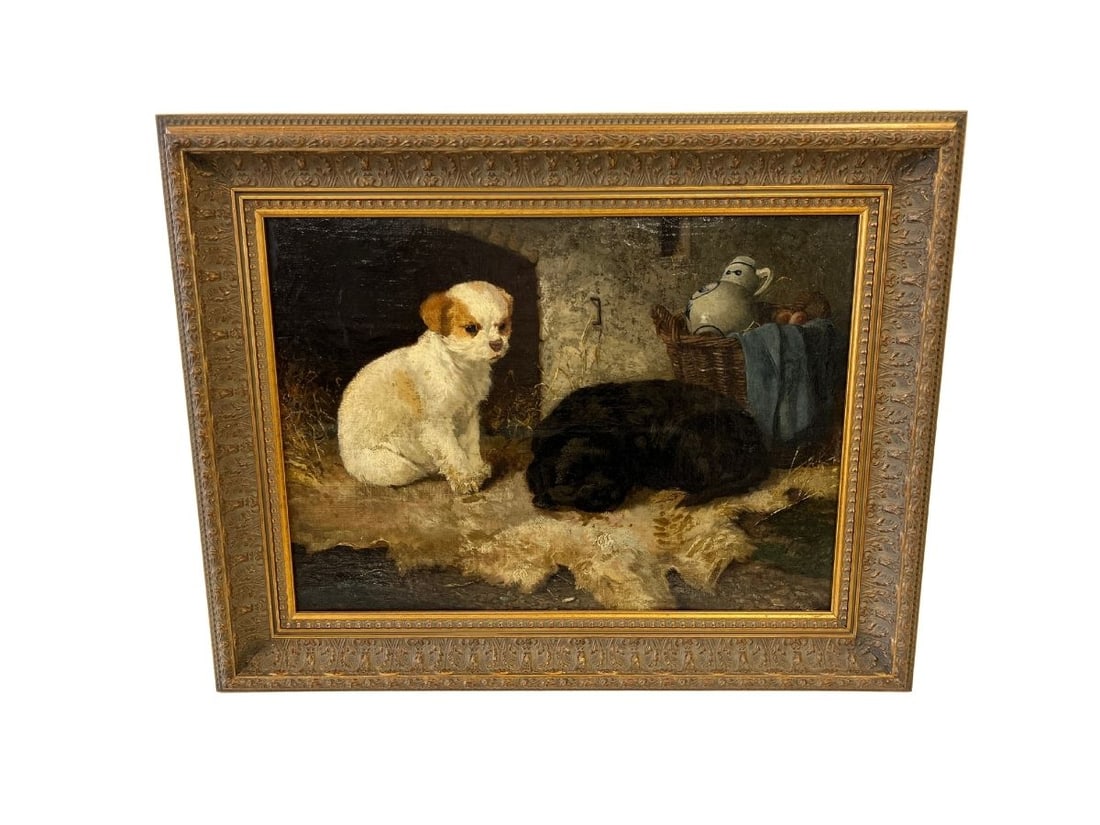 Antique Oil on Canvas, Two Terriers in a Stable, Framed: 25in.w x 20in.h x 2.5in.d. PLEASE READ BEFORE BIDDING: There are two scheduled pickup dates for this auction at our Stamford, CT warehouse: Friday, March 20th from 9:00 AM–12:00 PM and Friday,