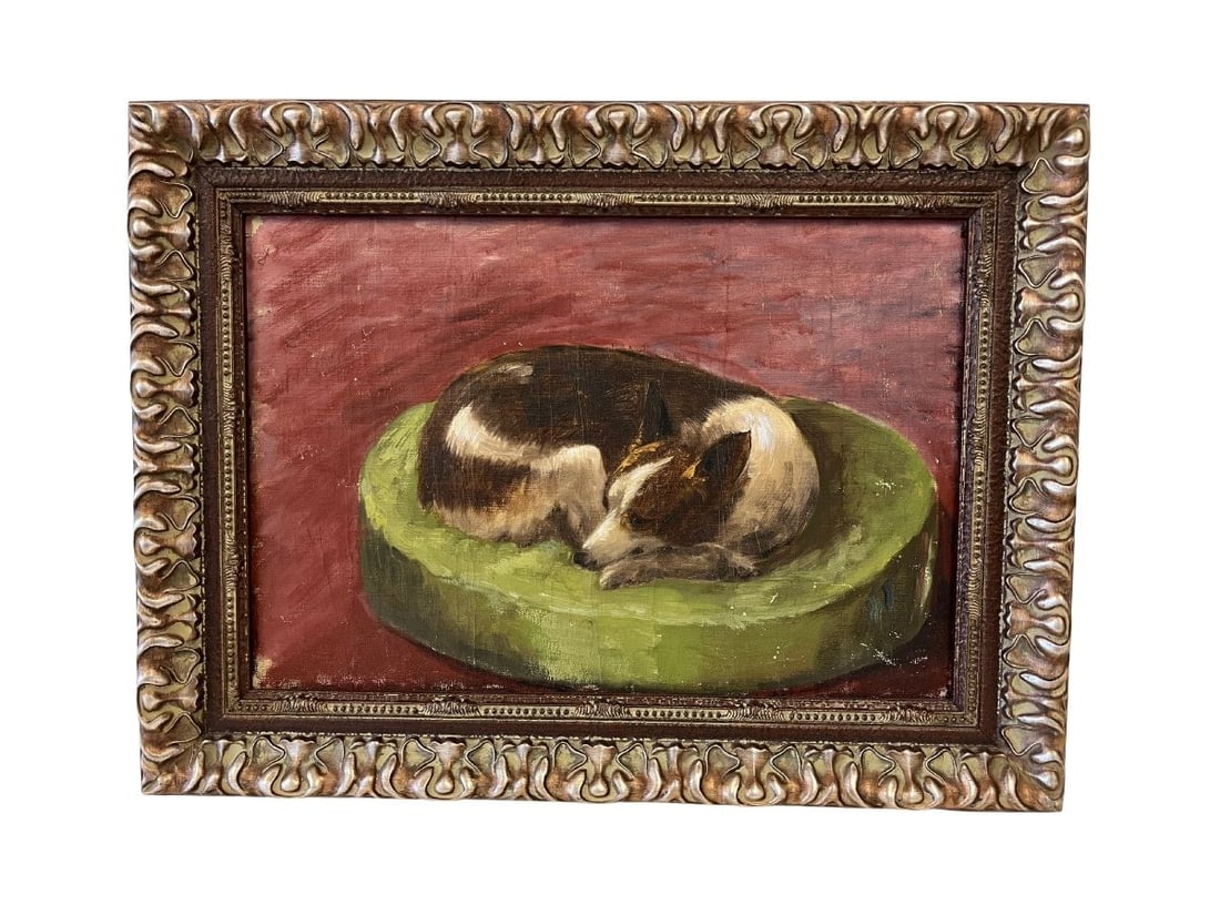 Oil on Canvas, Sleeping Dog on Green Pillow, Framed: 21.75in.w x 16.75in.h x 1.75in.d. PLEASE READ BEFORE BIDDING: There are two scheduled pickup dates for this auction at our Stamford, CT warehouse: Friday, March 20th from 9:00 AM–12:00 PM and