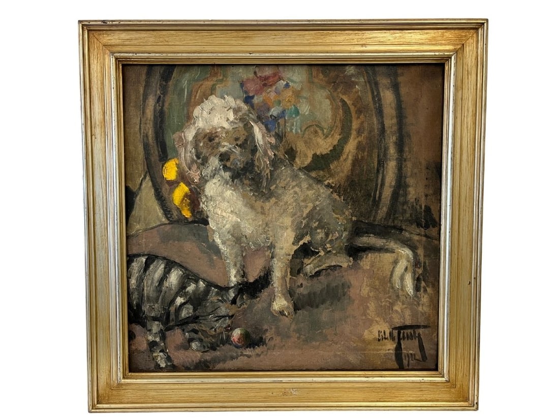 Antique Oil on Canvas, Poodle and Tabby Cat, Signed, Dated and Framed: 30in.w x 29.5in.h x 2in.d. PLEASE READ BEFORE BIDDING: There are two scheduled pickup dates for this auction at our Stamford, CT warehouse: Friday, March 20th from 9:00 AM–12:00 PM and Friday, March