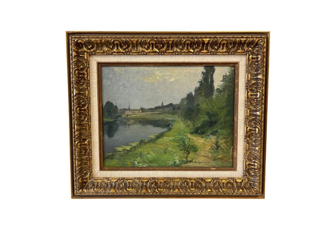 Oil Painting, River Landscape, Framed: 18.75in.w x 16in.h x 1.75in.d. PLEASE READ BEFORE BIDDING: There are two scheduled pickup dates for this auction at our Stamford, CT warehouse: Friday, March 20th from 9:00 AM–12:00 PM and Friday, M