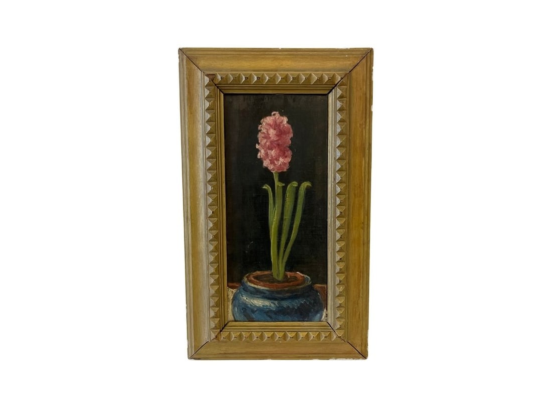 Oil Painting of Pink Hyacinth in a Blue Pot, Framed: 12.5in.w x 21in.h x 2in. d. PLEASE READ BEFORE BIDDING: There are two scheduled pickup dates for this auction at our Stamford, CT warehouse: Friday, March 20th from 9:00 AM–12:00 PM and Friday,