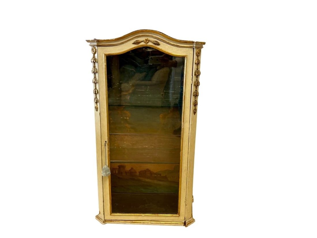 Antique Vitrine with Painted Interior: 25in.w x 12 in.d x 42in.h, two custom glass shelves. PLEASE READ BEFORE BIDDING: There are two scheduled pickup dates for this auction at our Stamford, CT warehouse: Friday, March 20th from 9:00