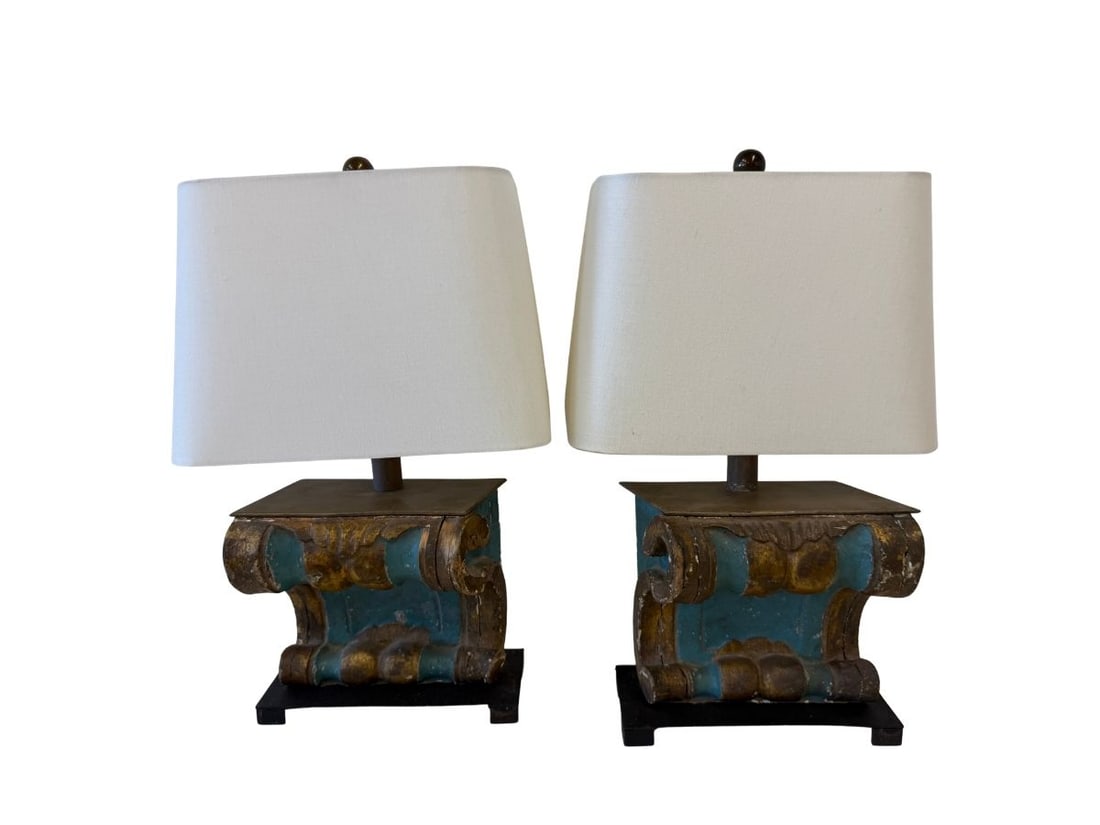 Painted Architectural Salvage Lamps, Pair: 11in.w x 7in.d x 23in.h, Shade 14in.w x 9in.d x 10in.h. PLEASE READ BEFORE BIDDING: There are two scheduled pickup dates for this auction at our Stamford, CT warehouse: Friday, March 20th from 9:00