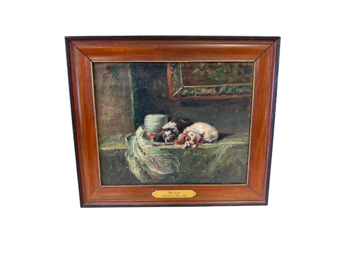 Antique Oil on Canvas, Lap Dogs, Signed Martha Williams: 13in.w x 11.25in.h x 1.5in.d. PLEASE READ BEFORE BIDDING: There are two scheduled pickup dates for this auction at our Stamford, CT warehouse: Friday, March 20th from 9:00 AM–12:00 PM and Friday,