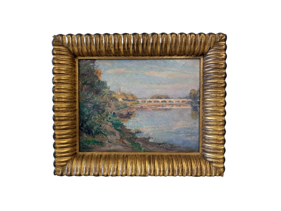 Antique French Riverscape, Signed Lower Right, Oil on Board, Framed: 17.25in.w x 14.25in. x 2.5in.d. PLEASE READ BEFORE BIDDING: There are two scheduled pickup dates for this auction at our Stamford, CT warehouse: Friday, March 20th from 9:00 AM–12:00 PM and Friday,