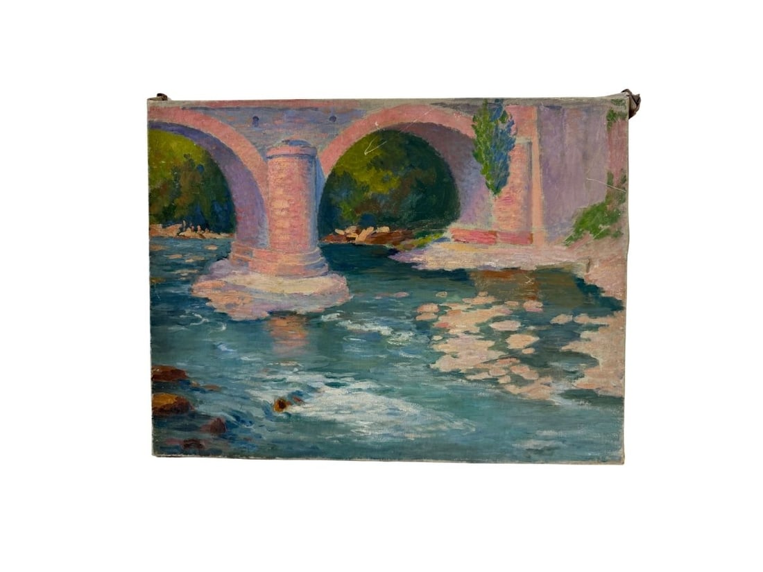 Antique Bridge and River Landscape, Oil on Canvas: 24in.w x 18in.h x 1in.d. PLEASE READ BEFORE BIDDING: There are two scheduled pickup dates for this auction at our Stamford, CT warehouse: Friday, March 20th from 9:00 AM–12:00 PM and Friday, March