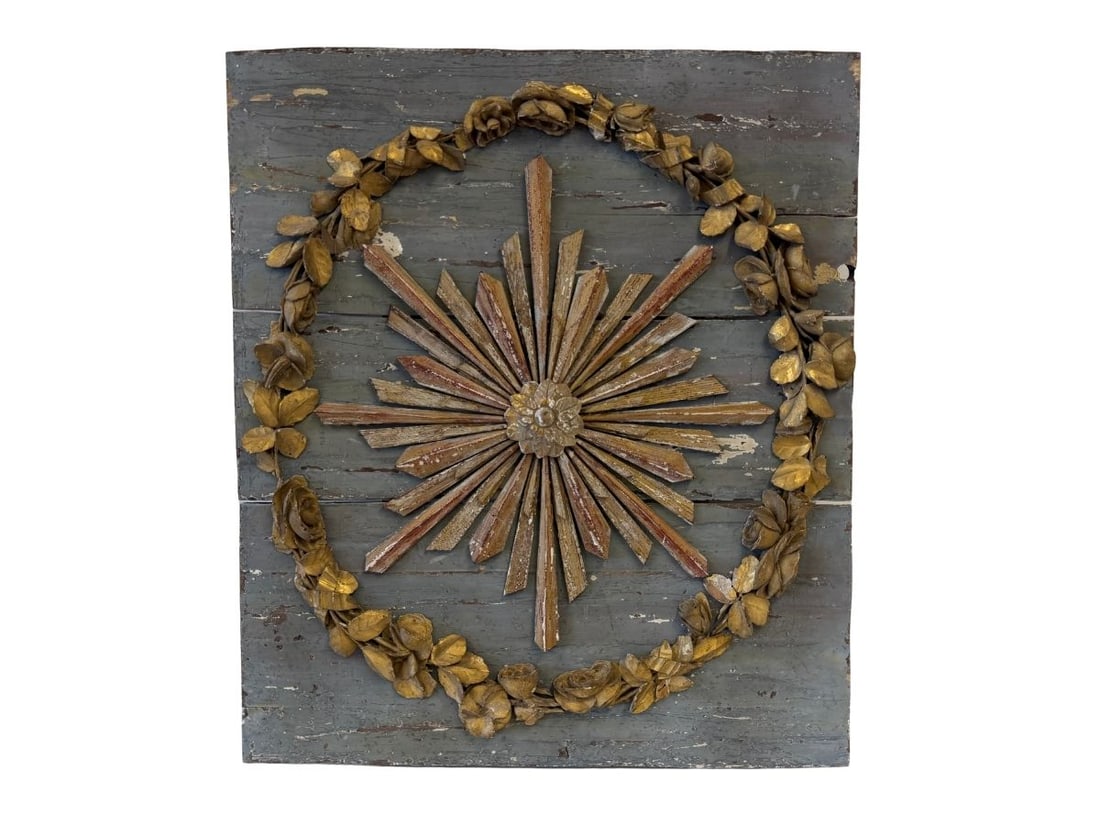 Decorative Italian Gilt Wreath Panel: 27.5in.w x 32in.h x 3in.d, made of antique elements. PLEASE READ BEFORE BIDDING: There are two scheduled pickup dates for this auction at our Stamford, CT warehouse: Friday, March 20th from 9:00