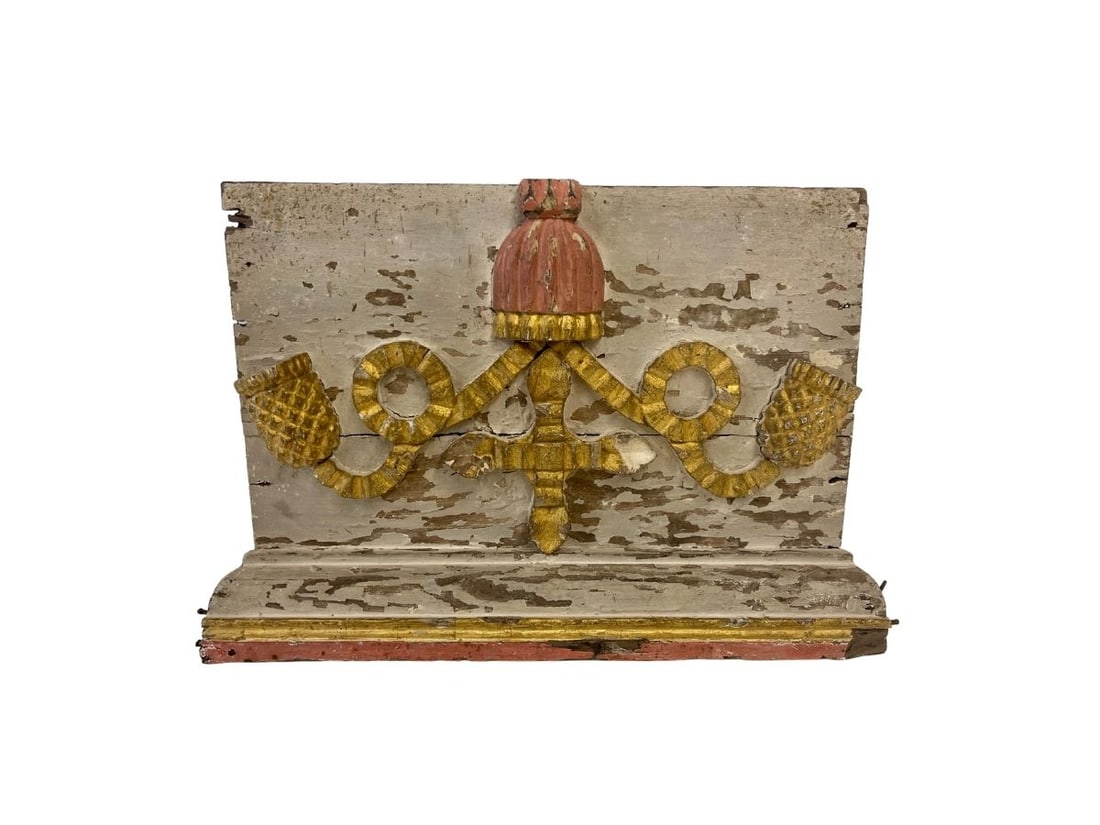 Antique Gilded Pediment: 19.5in.w x 12.5in.h x 2in.d. PLEASE READ BEFORE BIDDING: There are two scheduled pickup dates for this auction at our Stamford, CT warehouse: Friday, March 20th from 9:00 AM–12:00 PM and Friday,