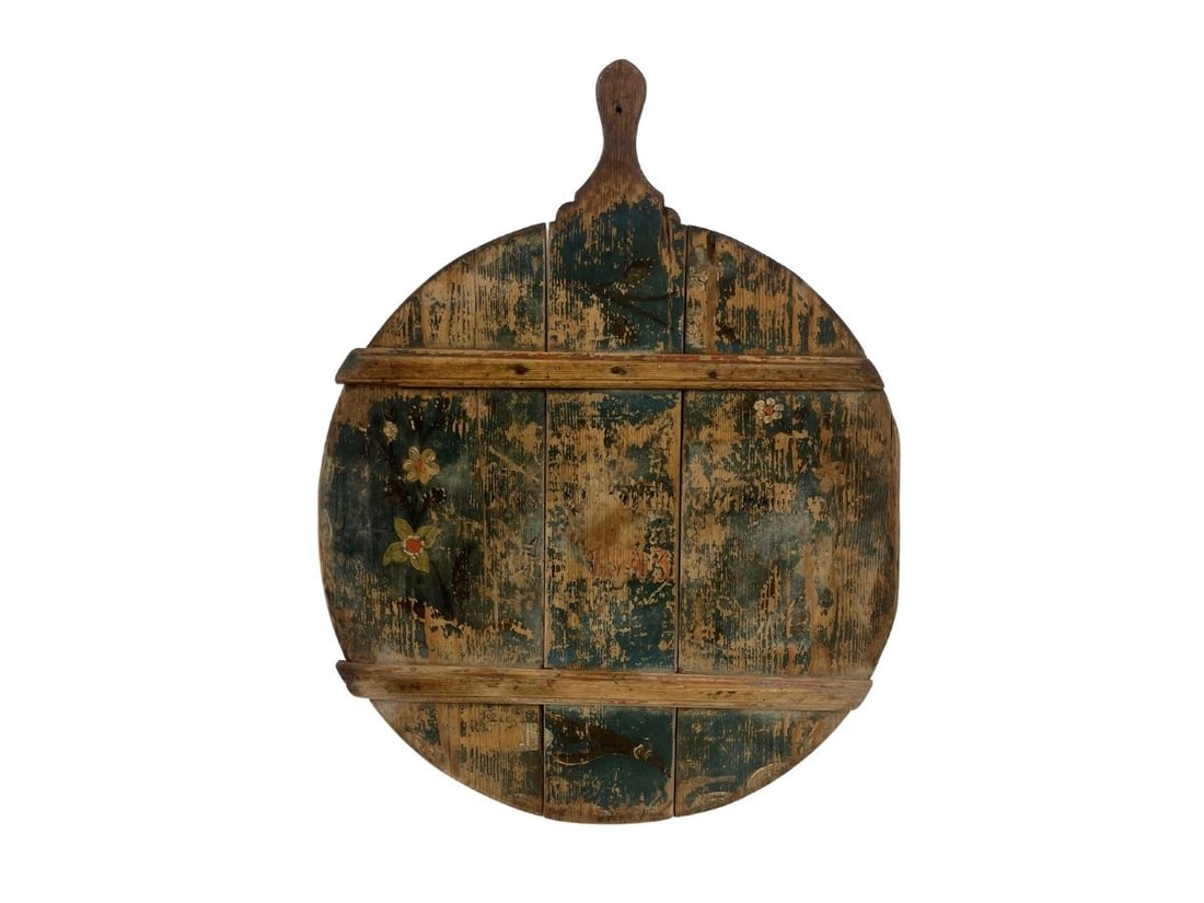 Antique European Bread Board, Blue with Flower, 1843: 24 in.w x 31 in.h x 1in.d. PLEASE READ BEFORE BIDDING: There are two scheduled pickup dates for this auction at our Stamford, CT warehouse: Friday, March 20th from 9:00 AM–12:00 PM and Friday,