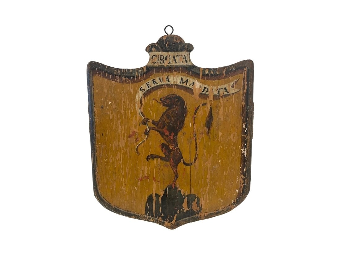 Antique Painted Shield with Coat of Arms: 18.25in.w x 23.75in.h x .75in.d. PLEASE READ BEFORE BIDDING: There are two scheduled pickup dates for this auction at our Stamford, CT warehouse: Friday, March 20th from 9:00 AM–12:00 PM and