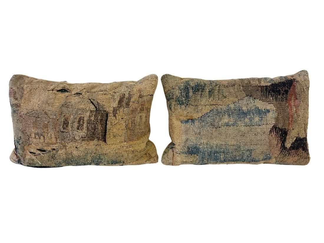 Antique French Tapestry Pillows, Pair: 30in.w x 20in.h, Down filled with velvet back, see photos. PLEASE READ BEFORE BIDDING: There are two scheduled pickup dates for this auction at our Stamford, CT warehouse: Friday, March 20th from