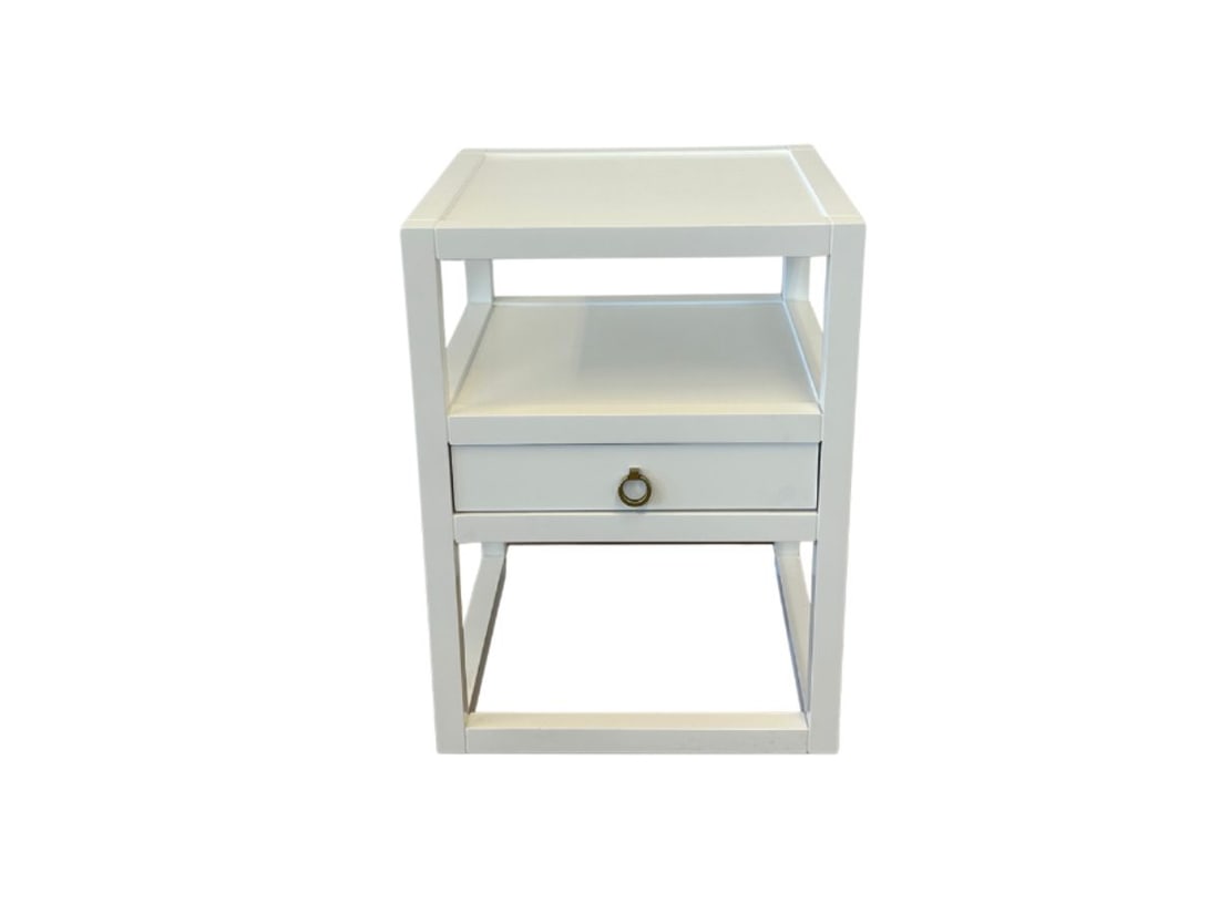 White Lacquer Shelf Side Table with Drawer: 21in. w x 21in. d x 28in. h PLEASE READ BEFORE BIDDING: There are two scheduled pickup dates for this auction at our Stamford, CT warehouse: Friday, April 24th from 9:00 AM–12:00 PM and Friday, May