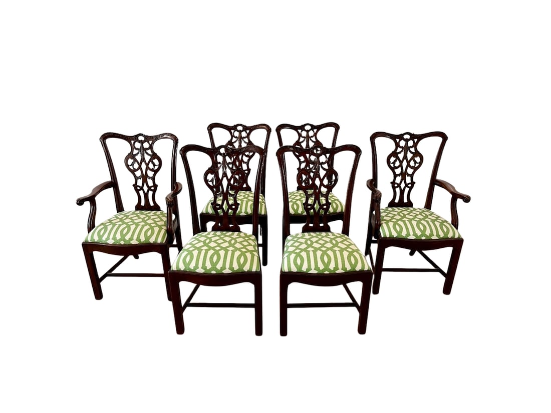 Chippendale Style Mahogany Dining Chairs, Set of 6: Side Chairs: 21in. w x 19in. d x 40in. h, Seat height: 19in. , Arm Chairs: 26in. w x 19in. d x 40in. h, Seat height: 19in. , Arm height: 27.5in. PLEASE READ BEFORE BIDDING: There are two scheduled