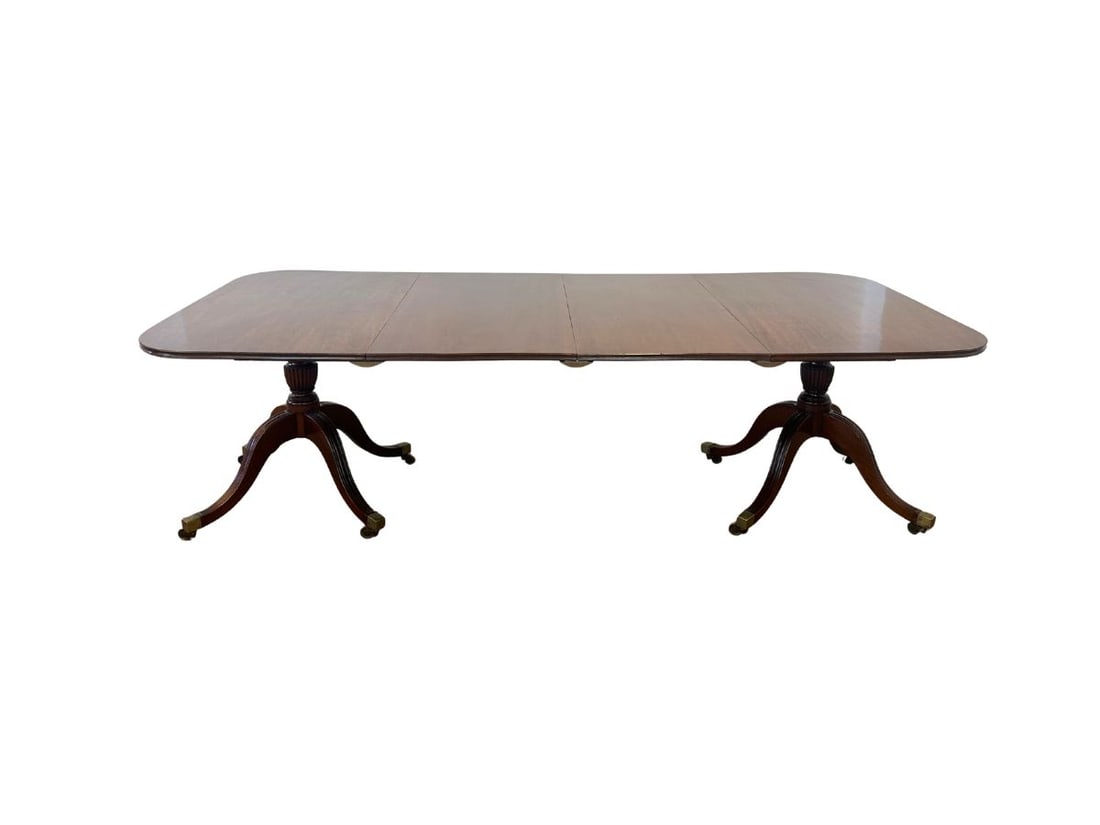 Antique Double Pedestal Two-Part Mahogany Tilt Top Dining Table: 53in. w x 45in. d x 28.5in. h, 2 leaves: 22.5in. w PLEASE READ BEFORE BIDDING: There are two scheduled pickup dates for this auction at our Stamford, CT warehouse: Friday, April 24th from 9:00